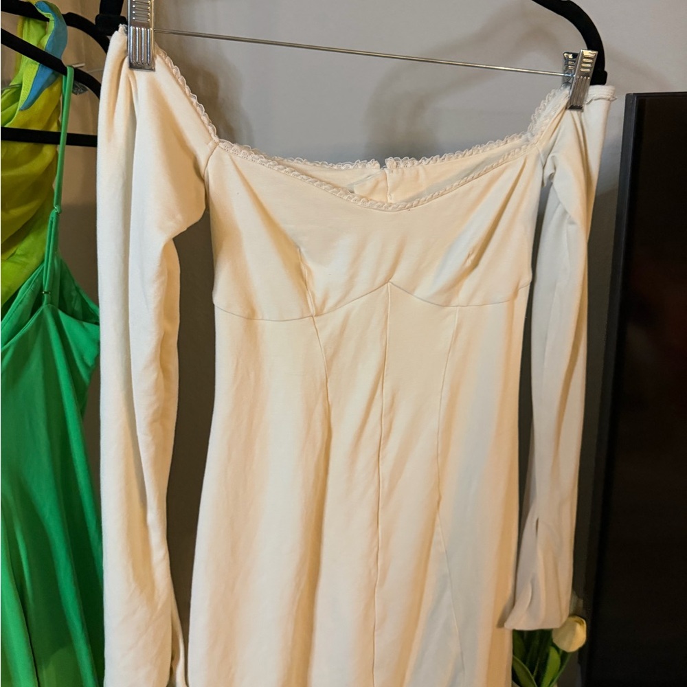 Oh Polly Off-Shoulder Cream Long Sleeve Dress